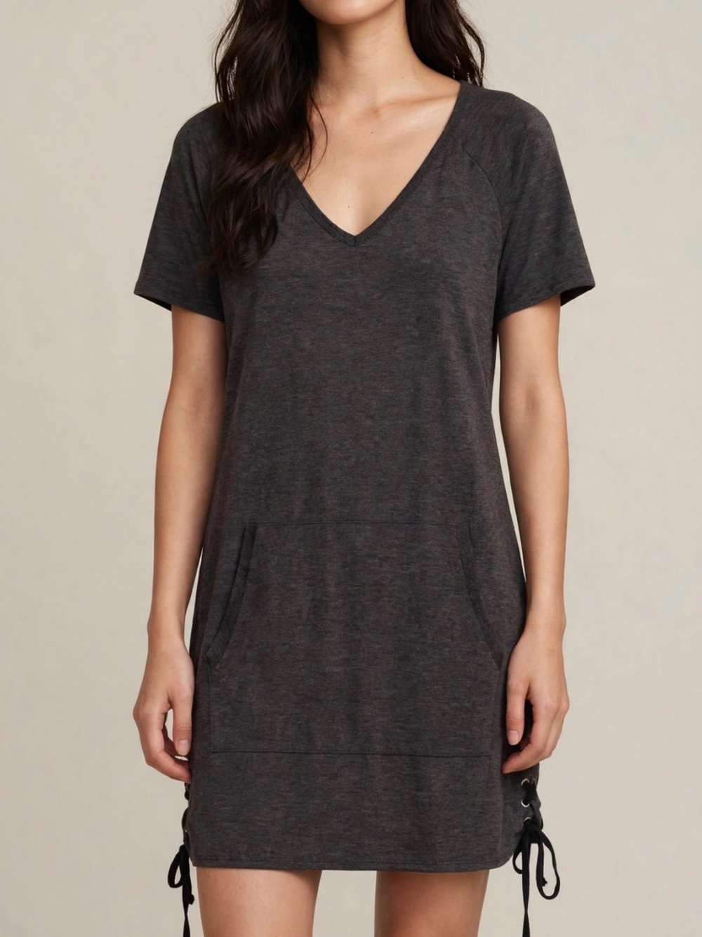 Bobeau Charcoal Gray V-Neck Tunic Dress Lace Up Sides Kangaroo Pocket Casual XL